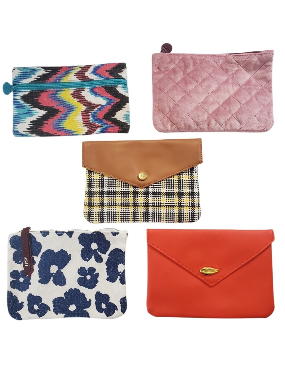 IPSY Bags Set of 5 Assorted Cosmetic Bags Summer Lovin Quilted Plaid Floral Kiss